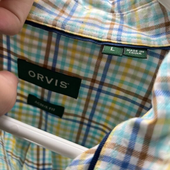 Orvis Shirt Men Large Adult White Yellow Blue Button Down Preppy Cotton Check - Picture 4 of 12